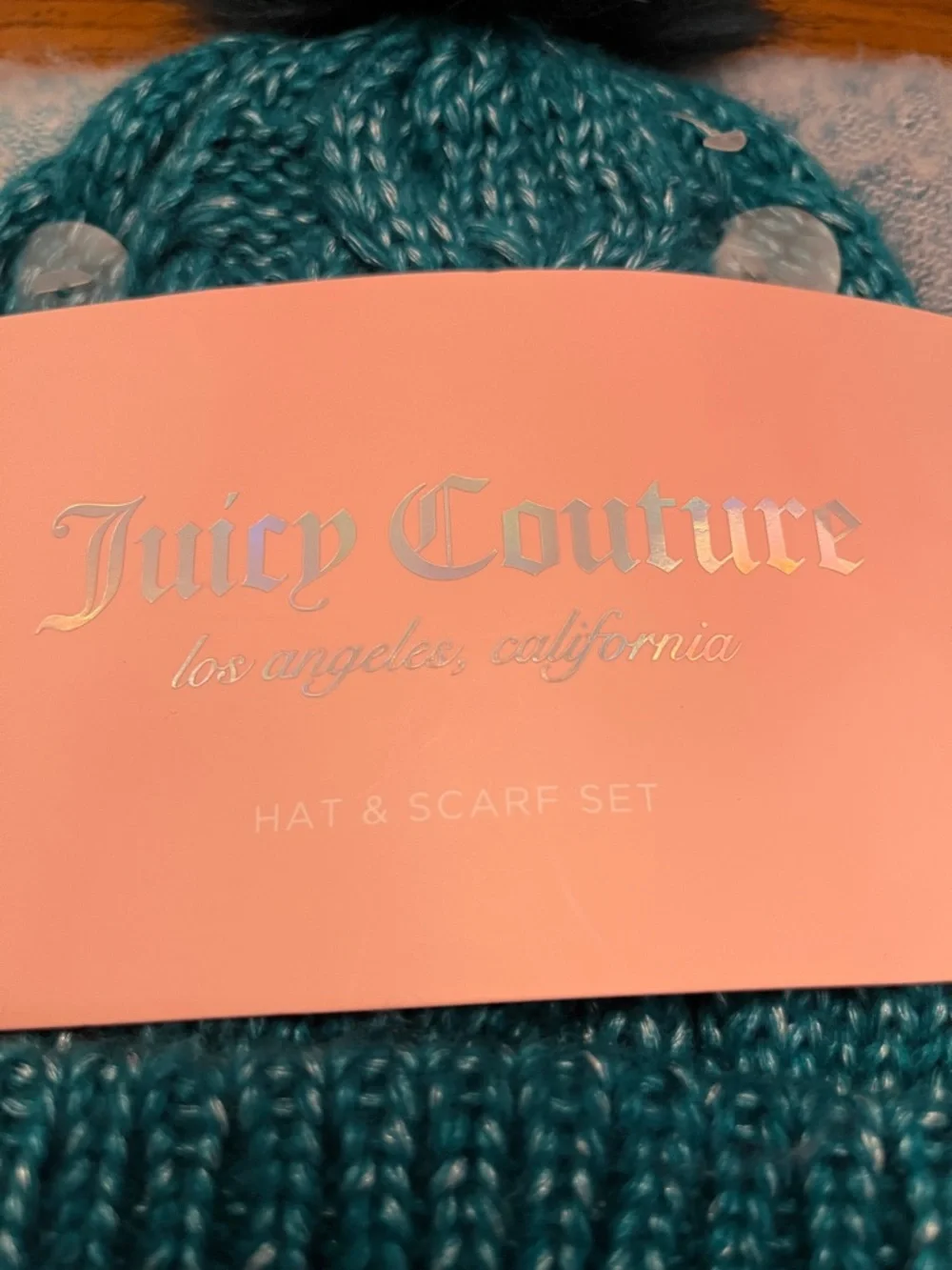 Juicy Couture Teal Knit Pom Hat‎ with Pastel Multicolor Scarf, new